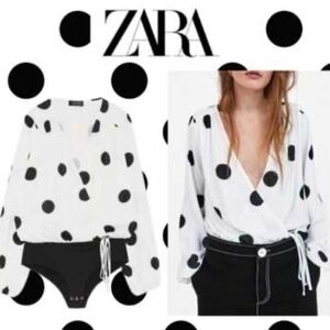 ZARA Polka Dot Long Sleeve Plunge Bodysuit